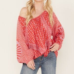 NWOT Free People | Elana Printed Top Floral Hankerchief Red Colorful Women Large